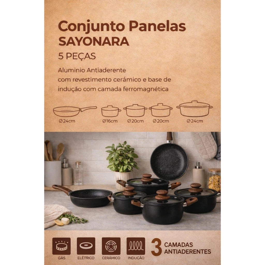 Jogo de Panela 5 Peças Conjunto Antiaderente Cerâmica Tampa de Vidro e Silicone