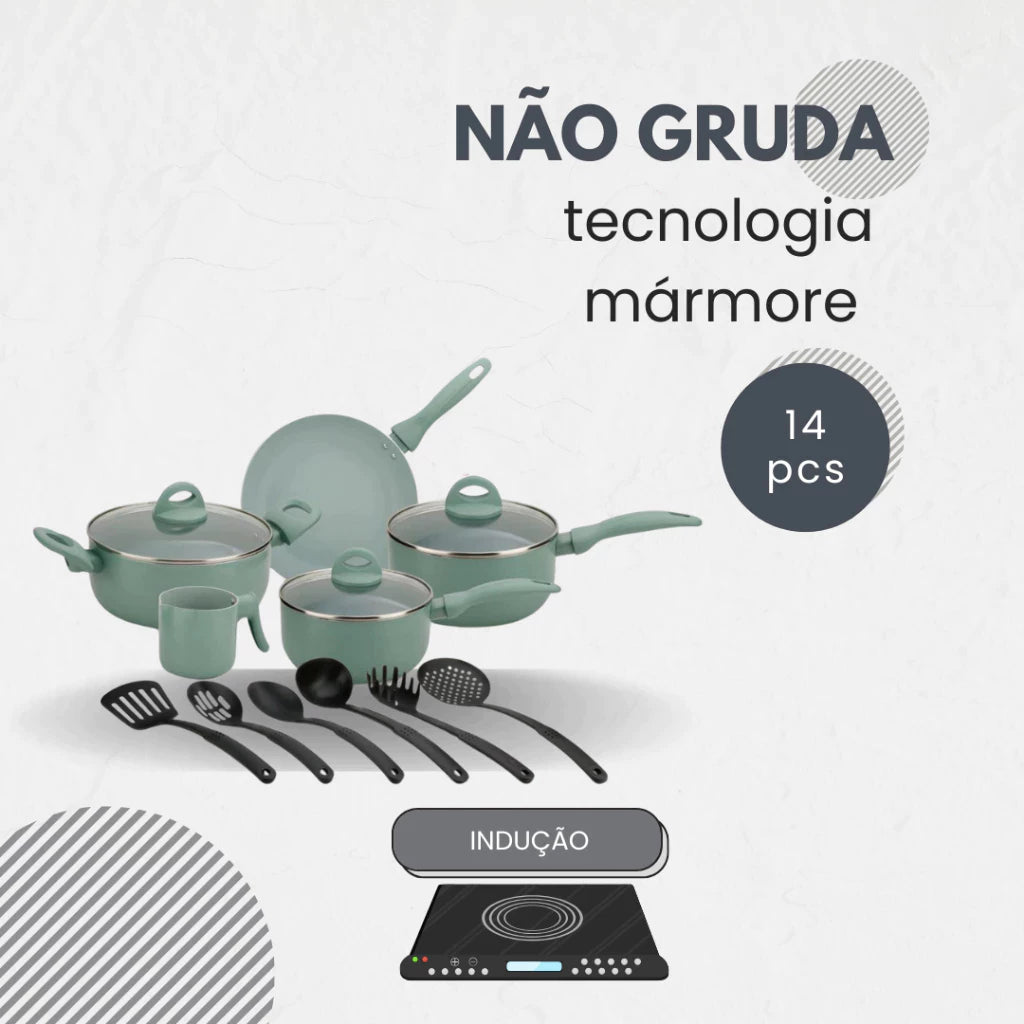 Jogo De Panelas Indução Antiaderente Cerâmica Mármore Verde Sage