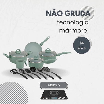Jogo De Panelas Indução Antiaderente Cerâmica Mármore Verde Sage