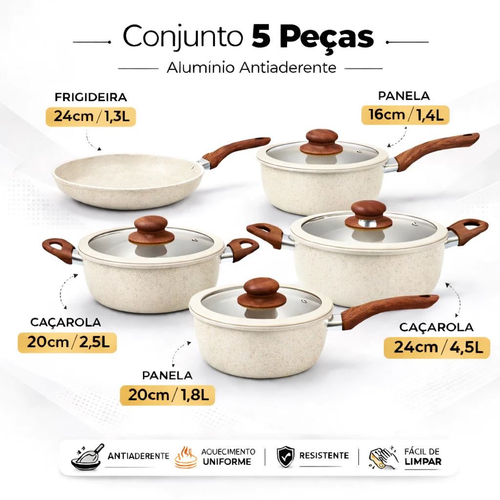 Jogo de Panela 5 Peças Conjunto Antiaderente Cerâmica Tampa de Vidro e Silicone