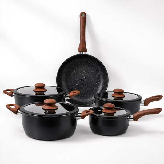 Jogo de Panela 5 Peças Conjunto Antiaderente Cerâmica Tampa de Vidro e Silicone