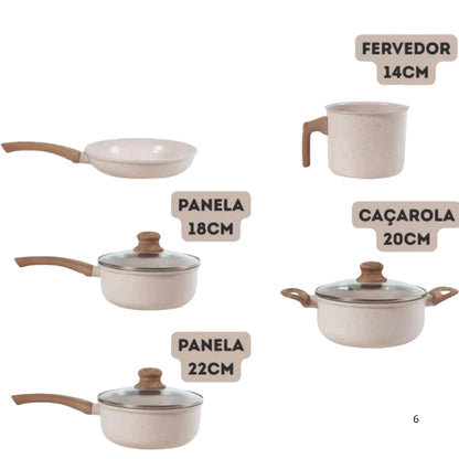 Jogo de Panelas Cerâmica Kit 5 Peças Antiaderente Tampa Vidro