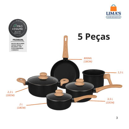 Jogo de Panelas Cerâmica Kit 5 Peças Antiaderente Tampa Vidro