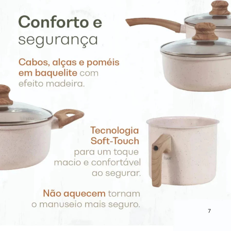 Jogo de Panelas Cerâmica Kit 5 Peças Antiaderente Tampa Vidro